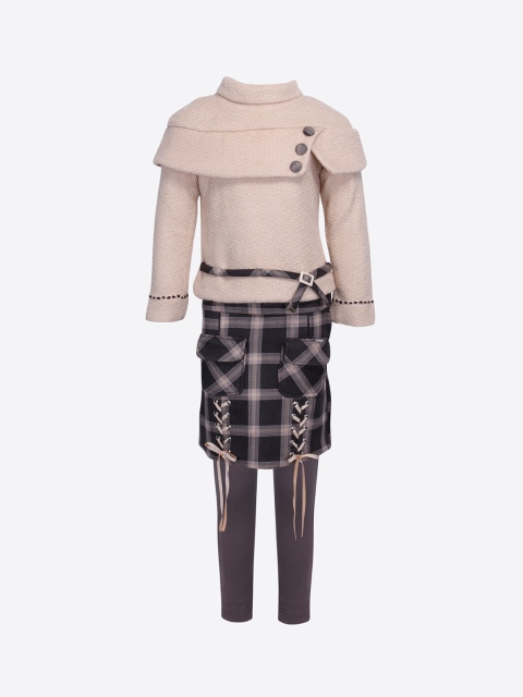 

CUTECUMBER Girls Beige & Black Solid Top with Skirt & Leggings