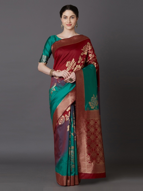 

Mitera Maroon & Green Silk Blend Woven Design Kanjeevaram Saree