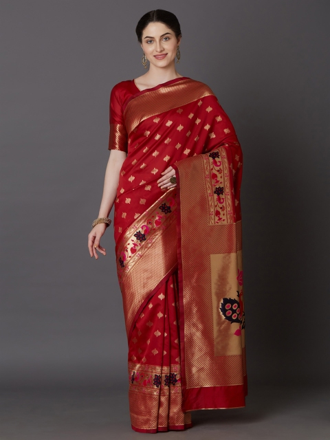 

Mitera Red Silk Blend Woven Design Kanjeevaram Saree