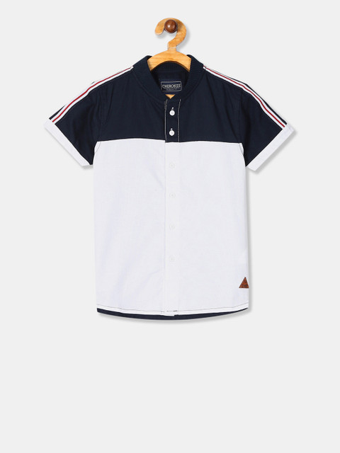 

Cherokee Boys White & Navy Blue Regular Fit Colourblocked Casual Shirt