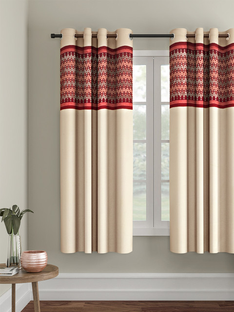

eyda Cream-Coloured & Red Embroidered Single Room Darkening Window Curtain