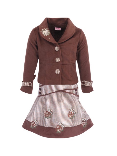 

CUTECUMBER Girls Brown & Off-White Solid Coat with Skirt