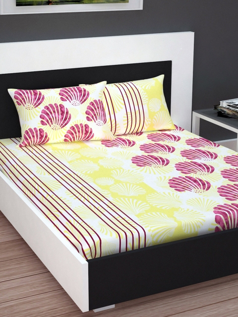 

Divine Casa Yellow & Magenta Abstract 144 TC Cotton 1 Queen Bedsheet with 2 Pillow Covers