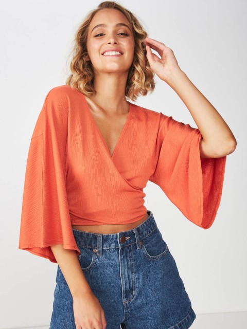 

COTTON ON Women Orange Solid Wrap Crop Top