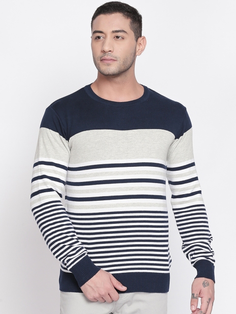 

BYFORD by Pantaloons Men Grey & Navy Blue Striped Pullover Sweater