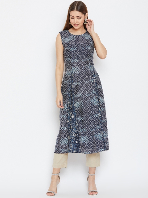 

One of a Kind Women Navy Blue & Off-White Printed Calf-Length Kurta