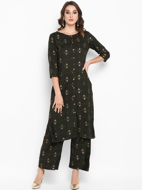 

Janasya Women Olive Green & Gold-Coloured Printed Kurta with Palazzos