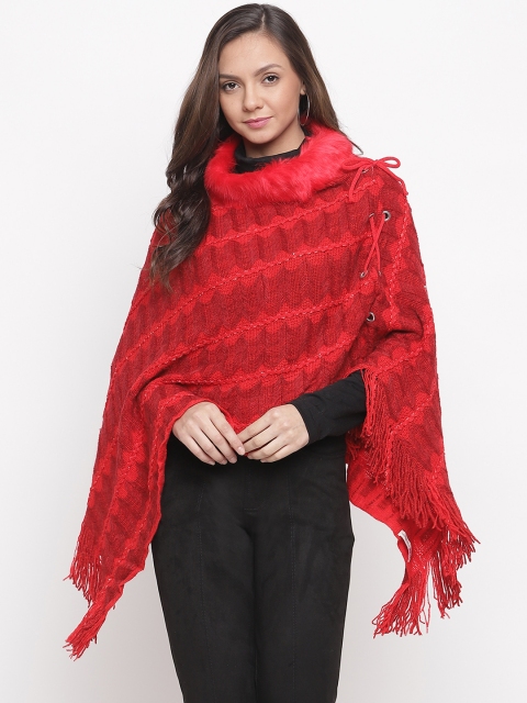 

HK colours of fashion Women Red Self Design Poncho Sweater