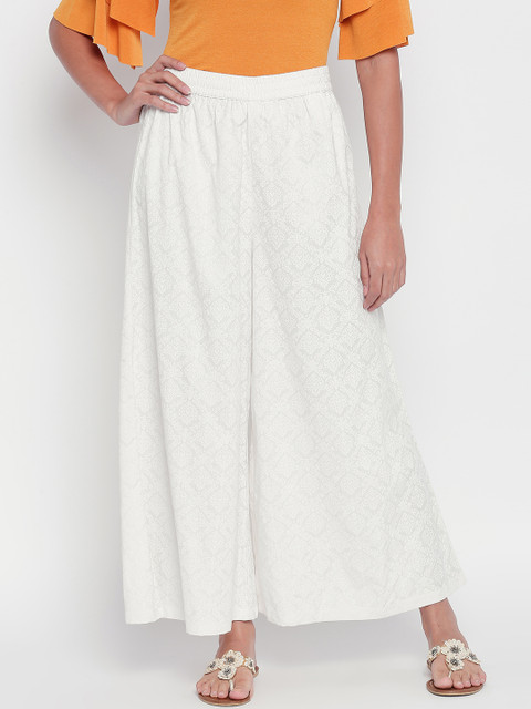 

RANGMANCH BY PANTALOONS Women Off-White Solid Straight Palazzos