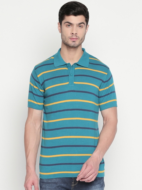 

BYFORD by Pantaloons Men Green Striped Polo Collar Pure Cotton T-shirt