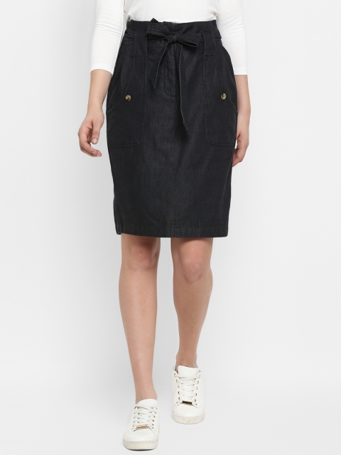 

FOSH Women Black Solid Denim Pure Cotton Knee-Length Straight Skirt