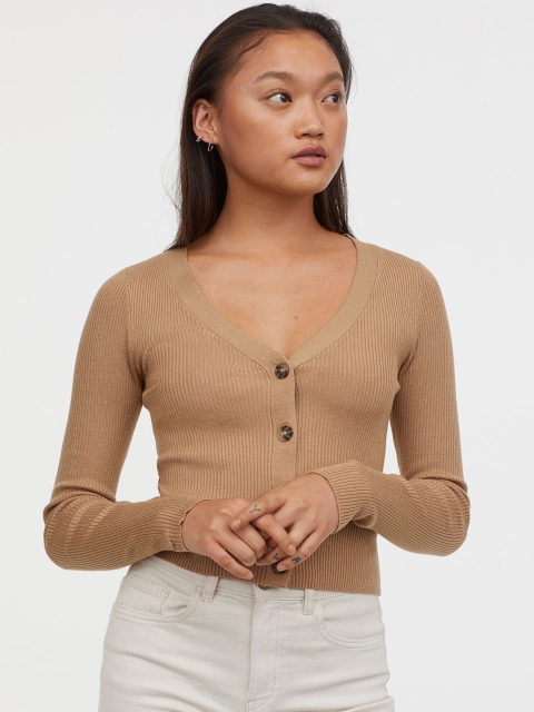 

H&M Women Beige Solid V-neck Cardigan