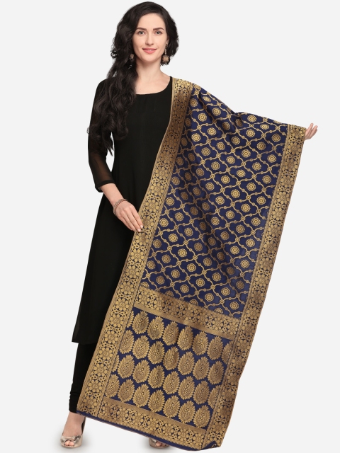 

mf Navy Blue & Gold-Toned Woven Design Banarasi Silk Dupatta