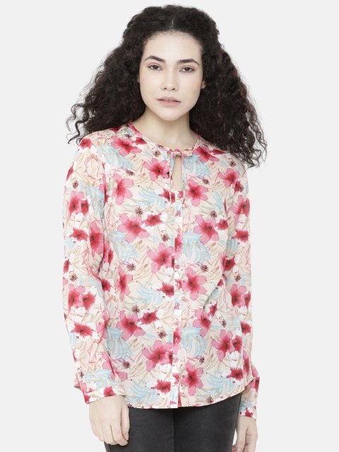 

Double Two Women Red & Turquoise Blue Printed Shirt Style Top
