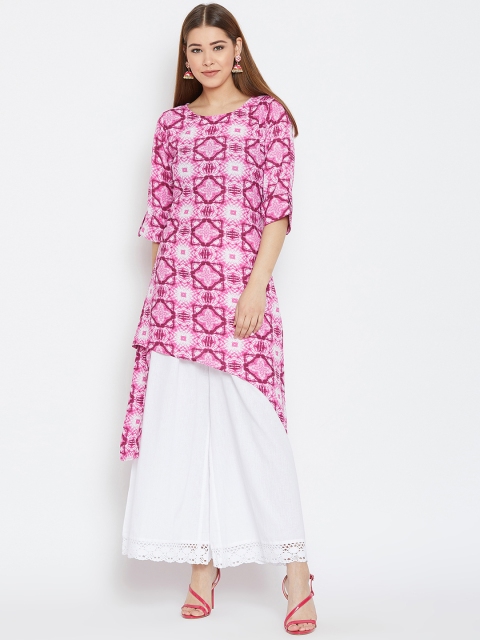 

One of a Kind Women Fuschia Pink & White Batik Print Calf-Length Asymmetric Kurta, Fuchsia