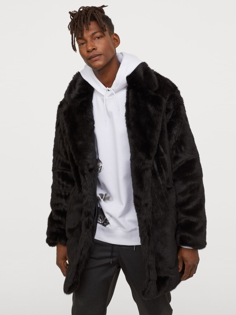 

H&M Men Black Solid Faux Fur Coat