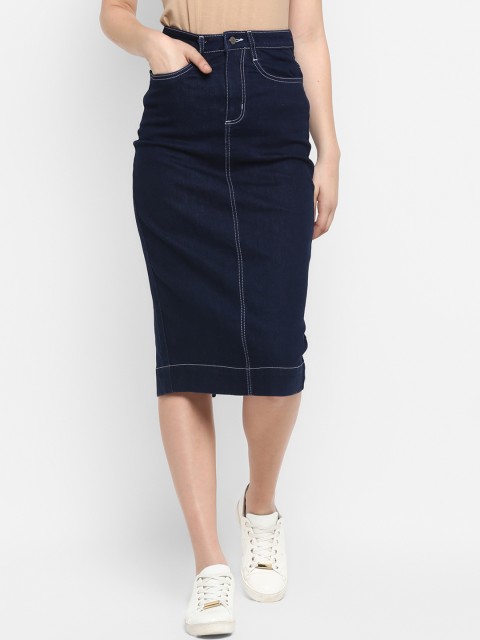 

FOSH Women Navy Blue Solid Denim Midi Denim Pencil Skirts