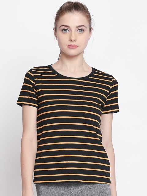 

Ajile by Pantaloons Women Black Striped Round Neck Pure Cotton T-shirt