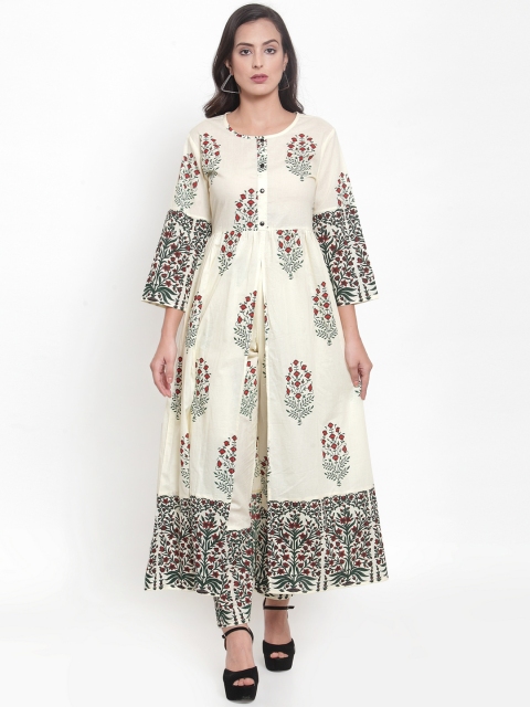 

WESTCLO Women Cream-Coloured & Green Printed Kurta with Trousers