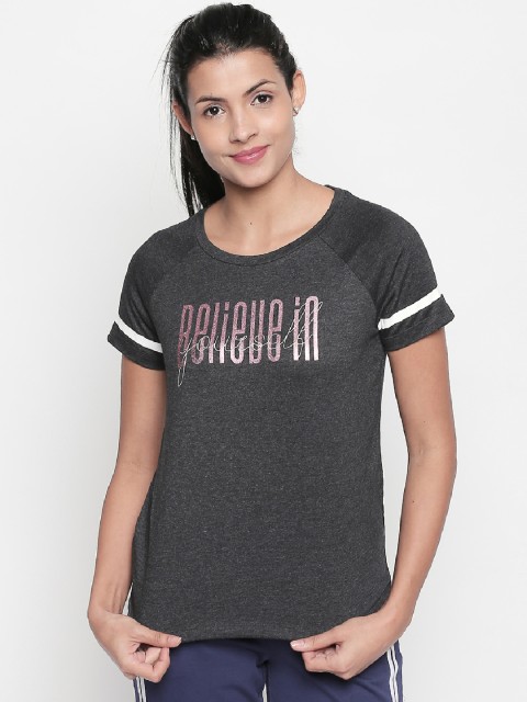 

Ajile by Pantaloons Women Charcoal Grey Printed Round Neck Pure Cotton T-shirt