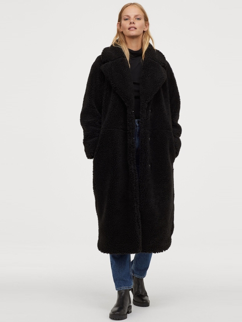 

H&M Women Black Solid Long Pile Coat