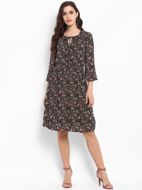 

Aditi Wasan Women Black & Red Floral Print A-Line Dress