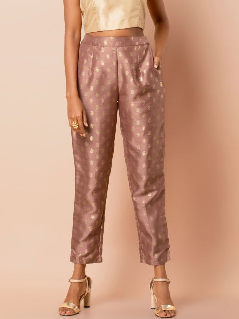 

INDYA Women Taupe & Beige Tapered Fit Foil Printed Cigarette Trousers