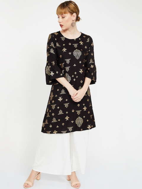 

Melange by Lifestyle Women Black & Gold-Coloured Foil Printed Straight Kurta