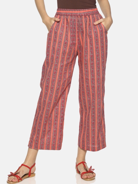 

NAKSHORA Women Peach-Coloured & Grey Printed Straight Cropped Palazzos