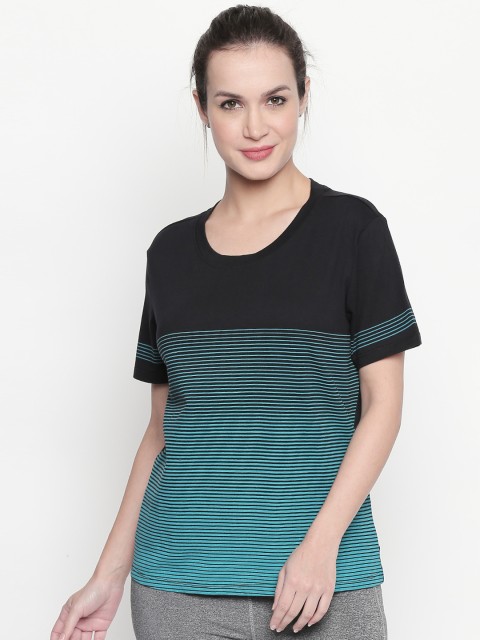 

Ajile by Pantaloons Women Teal Blue Striped Round Neck Pure Cotton T-shirt