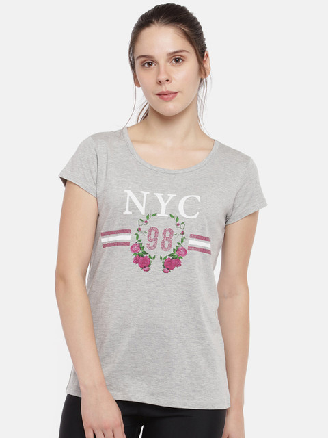 

Ajile by Pantaloons Women Grey Melange Printed Round Neck T-shirt