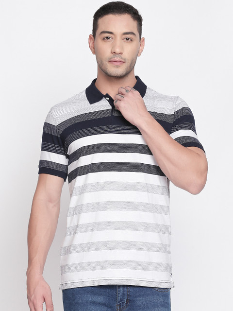 

BYFORD by Pantaloons Men White & Navy Blue Striped Polo Collar T-shirt