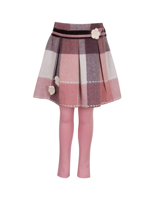 

CUTECUMBER Girls Pink & Brown Checked Knee-Length A-Line Wool Skirt With Leggings