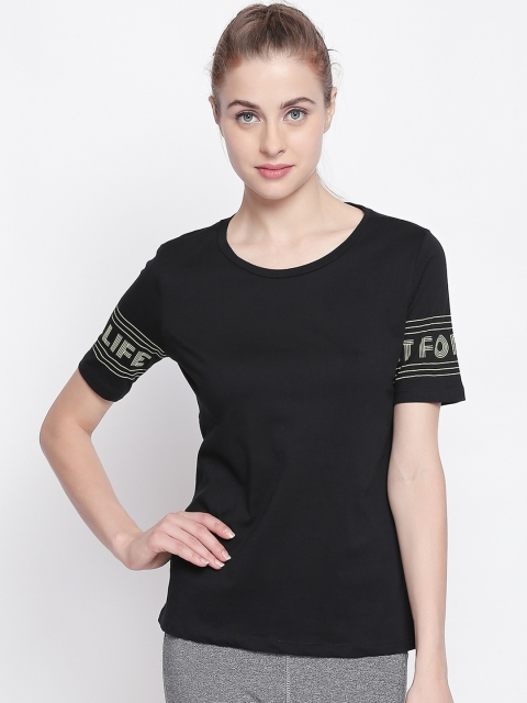 

Ajile by Pantaloons Women Black Solid Round Neck Pure Cotton T-shirt
