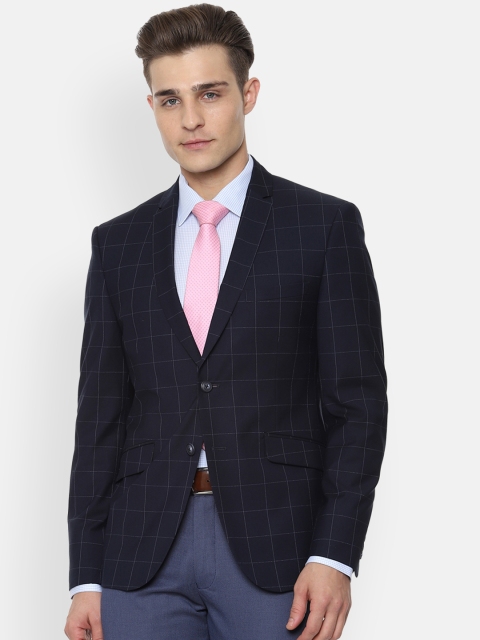 

V Dot Men Navy Blue & White Checked Single-Breasted Slim-Fit Blazer