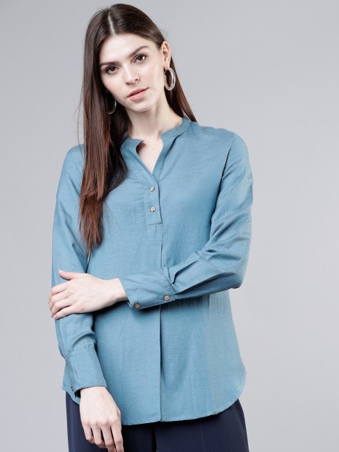 

Tokyo Talkies Women Blue Solid Shirt Style Pure Cotton Top