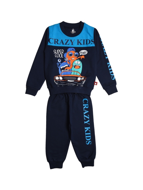

CRAZYPENGUIN Boys Navy Blue & Orange Printed T-shirt with Trousers
