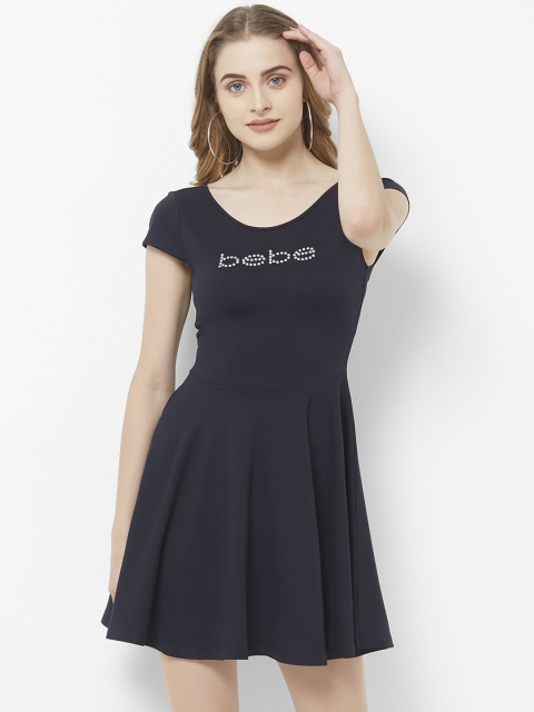 

bebe Women Blue Solid Fit and Flare Dress