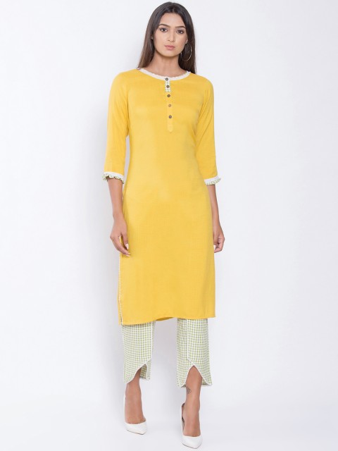 

Be Indi Women Yellow & Green Solid Kurta with Trousers