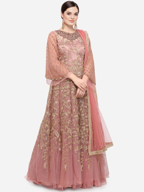 

Stylee LIFESTYLE Pink & Gold-Toned Net Semi-Stitched Dress Material