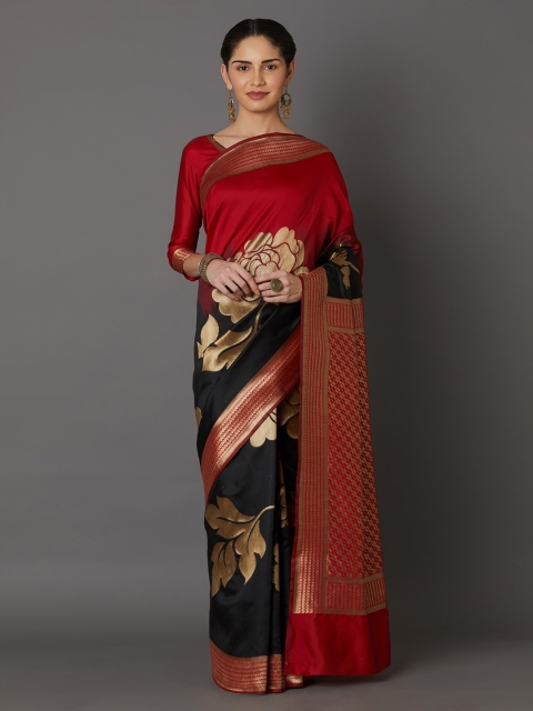 

Mitera Maroon & Black Silk Blend Woven Design Kanjeevaram Saree