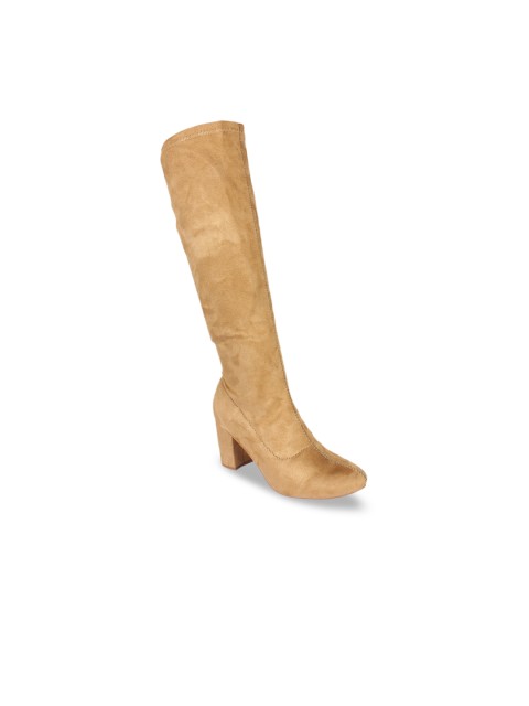 

Flat n Heels Women Tan Brown Solid Suede High-Top Heeled Boots