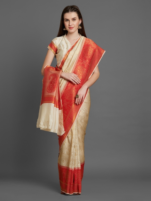 

Mitera Cream-Coloured & Orange Silk Blend Woven Design Banarasi Saree