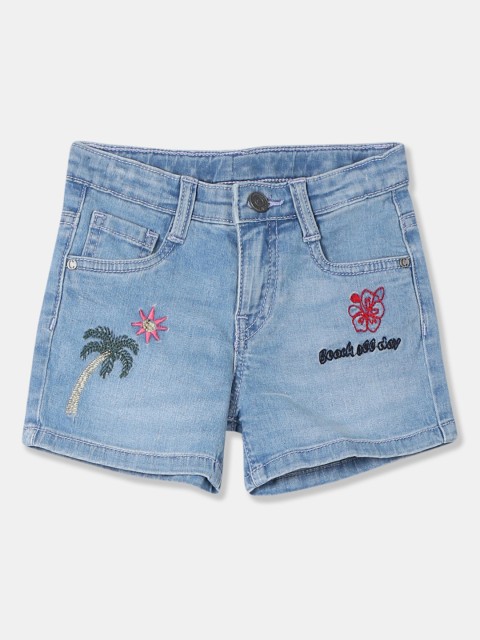 

Cherokee Girls Blue Washed Slim Fit Embroidered Denim Shorts