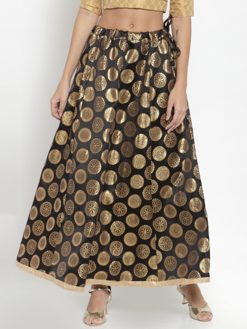 

Clora Women Black & Gold-Toned Ethnic Patterned Flared Banarasi Silk Maxi Skirt