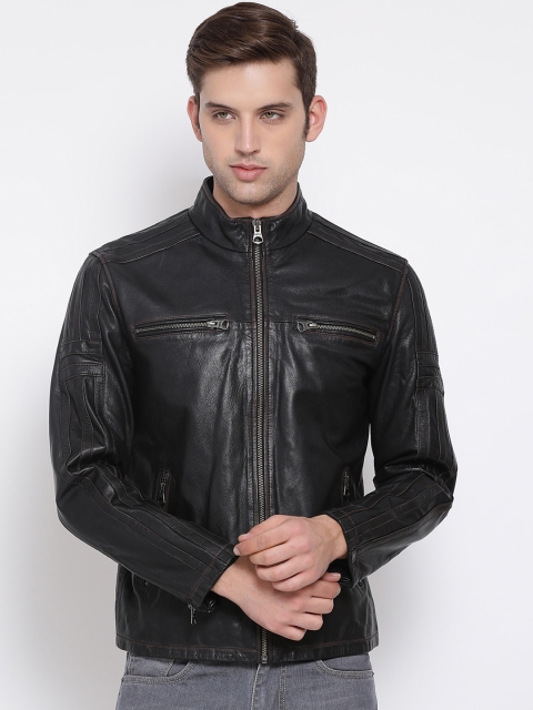 

Justanned Men Black Solid Leather Jacket