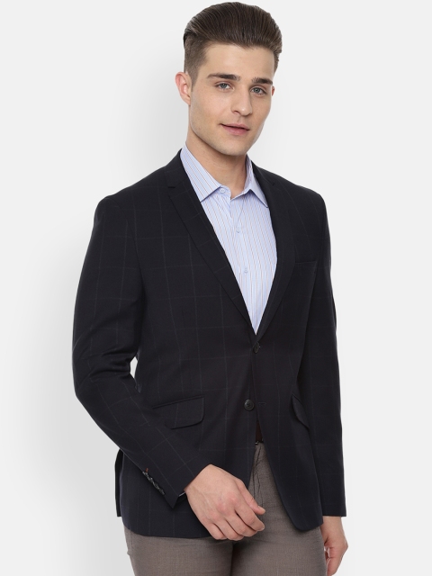 

V Dot Men Navy Blue Checked Single-Breasted Slim-Fit Blazer