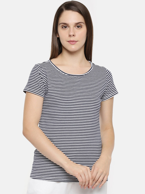 

Dreamz by Pantaloons Women Navy Blue & White Striped Round Neck Lounge T-shirt