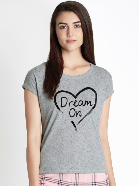 

Dreamz by Pantaloons Women Grey & Black Printed Round Neck Lounge T-shirt