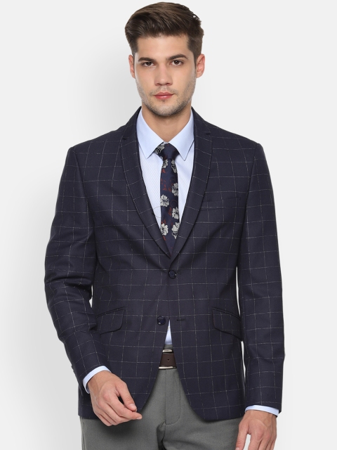 

V Dot Men Navy Blue Checked Single-Breasted Slim-Fit Blazer